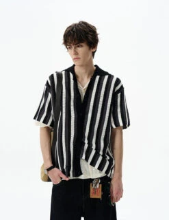 Stripe Open Knit Button Shirt With Collar -Modern Wear Shop c4dc83e36f88796cbd6aa9ea481e61f6