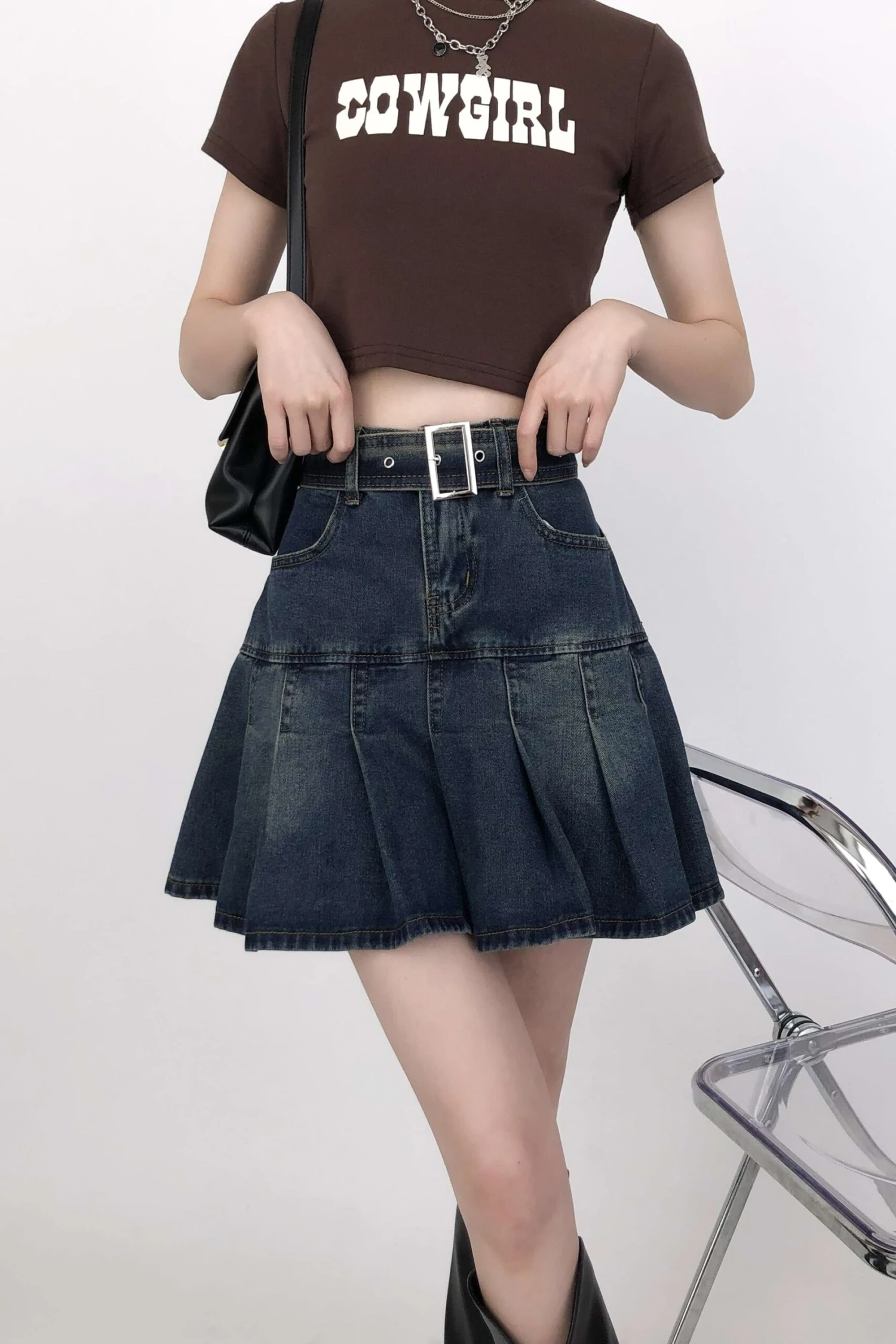 Tier Pleated Mini Denim Skirt With Belt 7 Tier Pleated Mini Denim Skirt With Belt - Image 7