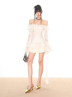 Off-Shoulder Tiered Ruffle Mesh Long Sleeve Mini Dress -Modern Wear Shop c50ff5570dc5b8d9ea23835fcdd30136