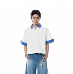 Contrast Plaid Collar Short Sleeve Polo Shirt