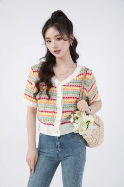 Stripe Cropped Ribbed Hem Cardigan