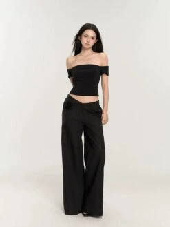 Wide-Leg Low Waist V-Shape Trousers With Floral Accent -Modern Wear Shop c64243837e7b437cd5512d645624b673