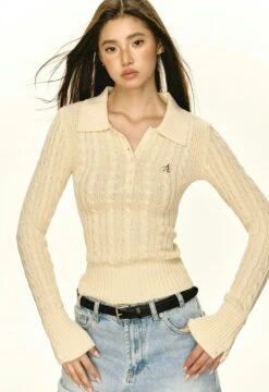 Half-Button Cable Knit Collared Pullover -Modern Wear Shop c661f6957301bd1280b15d6cf7b56997