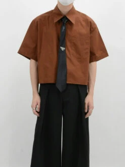 Oversized Short Sleeve Mid-Crop Shirt With Chest Pocket Detail