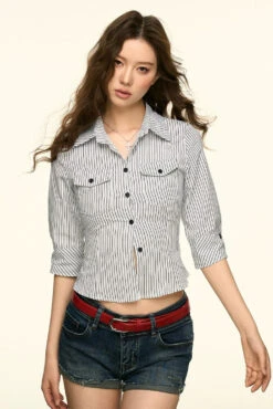 Striped Button-Front Shirt With Cropped Sleeves And Chest Pockets