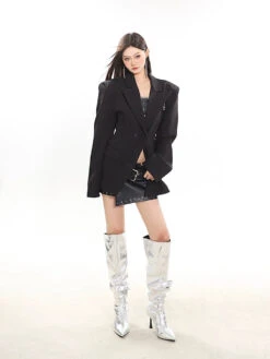 Oversized Double Breasted Boxy Blazer Suit With Metallic Brooch -Modern Wear Shop c6bfbb84c0436f37e2a1ead98f047f5c
