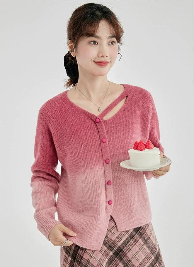 Cutout Neckline Asymmetric Ombre Cardigan 2 Cutout Neckline Asymmetric Ombre Cardigan - Image 2