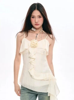 Ruffled Asymmetrical Camisole Top With Floral Accent