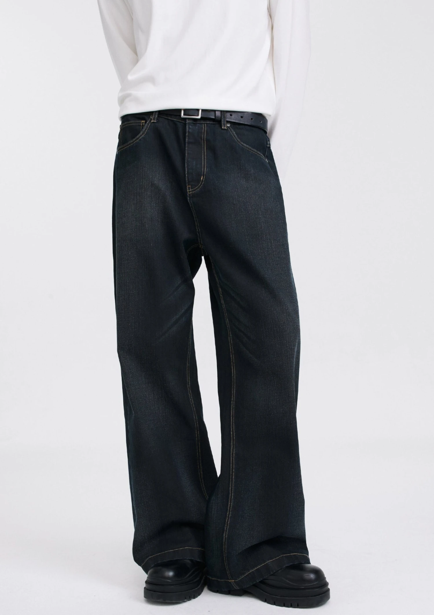 Wide Leg Dark Wash Wax Jeans With Contrast Stitching 1 Wide Leg Dark Wash Wax Jeans With Contrast Stitching