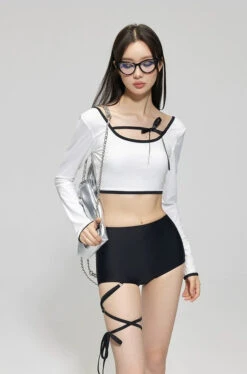 Contrast Hem Long Sleeve Crop Top And High-Waisted Bikini Set -Modern Wear Shop c7c589a8a26fe077a46511b52734b723