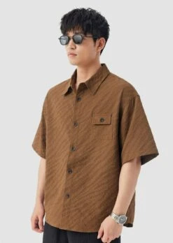 Boxy Textured Button-Up Shirt With Chest Pocket -Modern Wear Shop c7faac19f1e89fc58fb81ef4b7f95521
