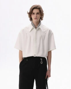 Structured Short-Sleeve Shirt With Pleated Front And Concealed Placket