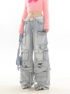 Distressed Wide-Leg Denim Cargo Jean Pants -Modern Wear Shop c826d47c4cd7550352859eaf63649ed9