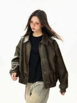 Faux Leather Bomber Jacket With Elastic Cuffs And Hem -Modern Wear Shop c8343dd61d7d85884ebc2acbf133b962