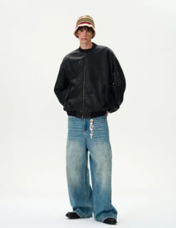 Oversized Distressed Faux Leather Bomber Jacket With Sleeve Pocket 27 Oversized Distressed Faux Leather Bomber Jacket With Sleeve Pocket -Modern Wear Shop c8b7859aa0c69657fac486620bb395ee