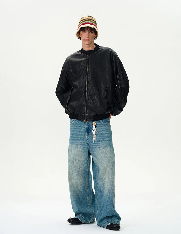 Oversized Distressed Faux Leather Bomber Jacket With Sleeve Pocket 12 Oversized Distressed Faux Leather Bomber Jacket With Sleeve Pocket - Image 12