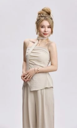 Adjustable Strap Ruched Top With Side Slit And Wide Leg Pleated Pants Two-Piece Set -Modern Wear Shop c8cf2ff383cd68875fa5864336c59995