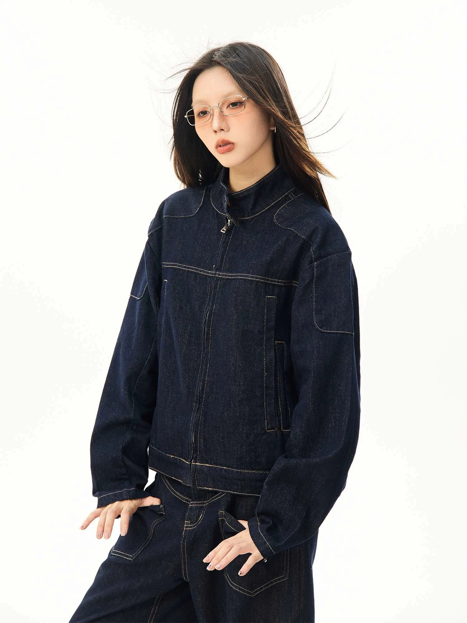 Oversized Contrast Stitch Denim Zip Jacket 2 Oversized Contrast Stitch Denim Zip Jacket - Image 2