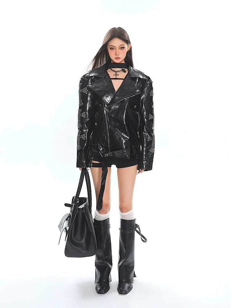 Studded Faux Leather Biker Jacket With Belted Hem And Zipper Details 6 Studded Faux Leather Biker Jacket With Belted Hem And Zipper Details - Image 6