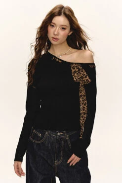 One-Shoulder Ribbed Top With Leopard Print Bow Detail