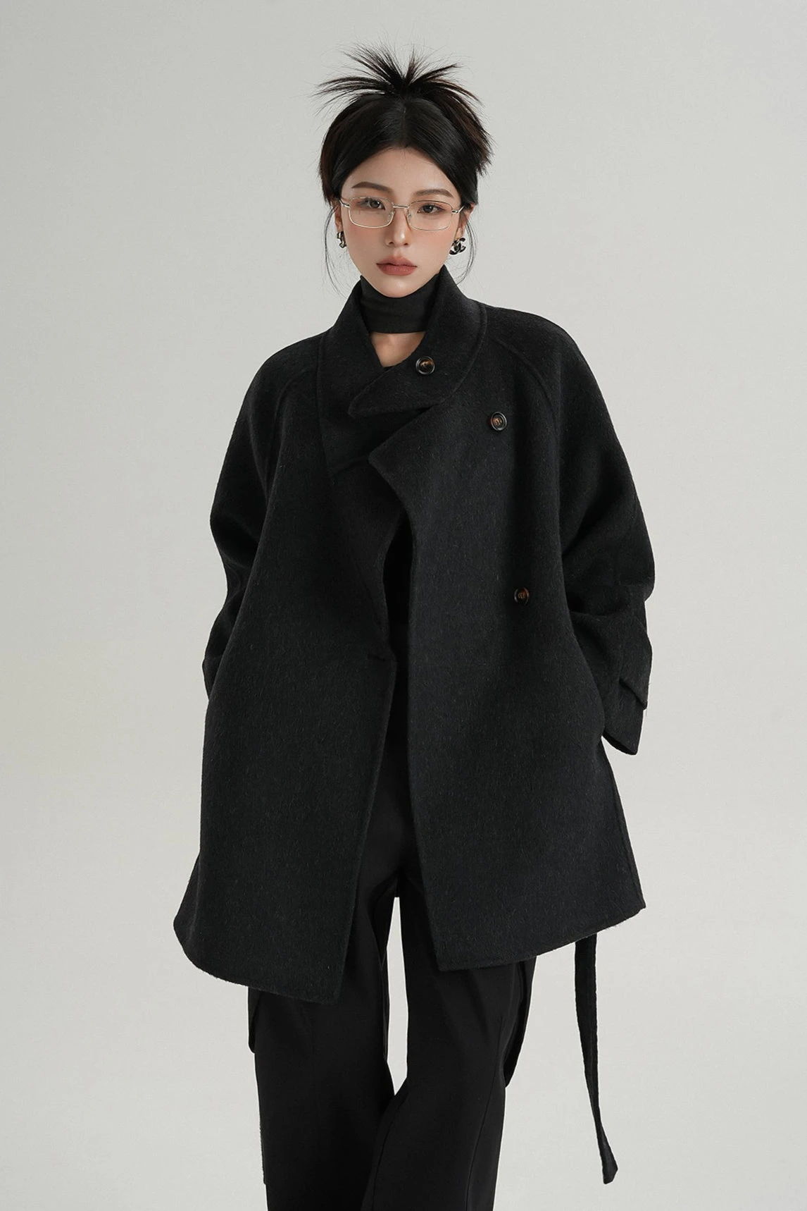 High Collar Asymmetric Button Coat With Belt 3 High Collar Asymmetric Button Coat With Belt - Image 3