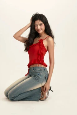 Spaghetti Strap Ruffle Trim Top With Floral Accent -Modern Wear Shop c9368091ce8f58999120ede20f198a6f