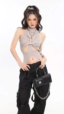 Ribbed Twisted Cutout Split Hem Top -Modern Wear Shop c94631e0e78f508d8db300974134cfc5