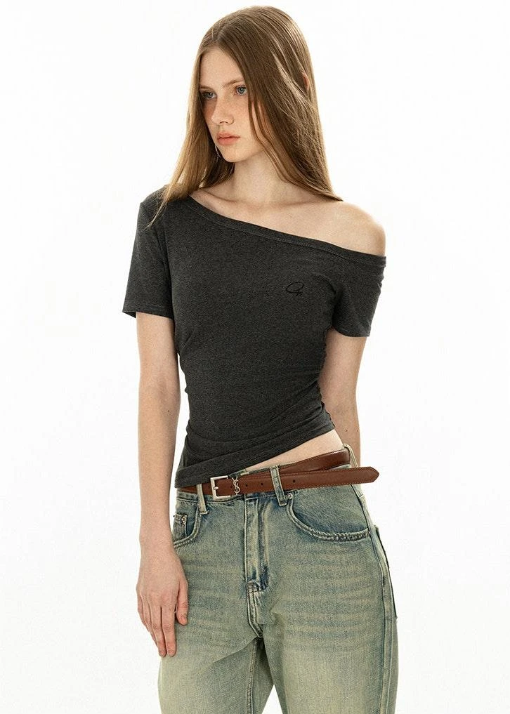 Asymmetric Neckline Slim Short Sleeve Crop Top 2 Asymmetric Neckline Slim Short Sleeve Crop Top - Image 2