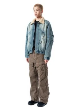 Shearling Lined Faded Denim Jacket With Stud Details -Modern Wear Shop c97a0dc3644a90c7073aa1008438fbd3