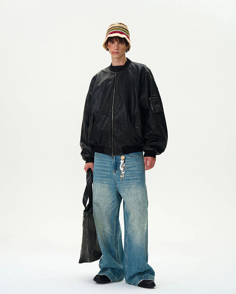 Oversized Distressed Faux Leather Bomber Jacket With Sleeve Pocket 11 Oversized Distressed Faux Leather Bomber Jacket With Sleeve Pocket - Image 11