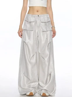 Wide Leg Shimmer Pants With Utility Pockets