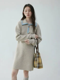 Contrast Collar Half Zip Knit Sweater Mini Dress -Modern Wear Shop cac44fbfabb631d427af8deb03a287dc