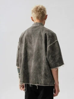 Distressed Crosshatch Button-Up Overshirt With Frayed Hem -Modern Wear Shop cac9d2ce5d00b9e3a6198fc49bd18a87