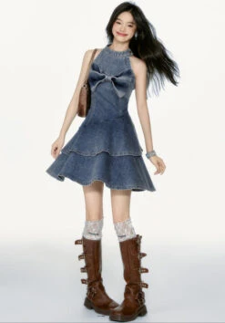 Halterneck Tiered Ruffle Denim Mini Dress With Bow Detail -Modern Wear Shop cae502664df766a04f91ad95af6f5542