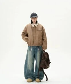 Suede Bomber Jacket With Contrast Corduroy Collar -Modern Wear Shop caec63ce7d39e684b7a126c28b550863