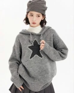 Oversized Star Patchwork Knit Hoodie Sweater -Modern Wear Shop cb2cea19347930343b672eca9f15d50d