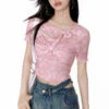 Tie Front Cutout Ribbed Short Sleeve Crop Top
