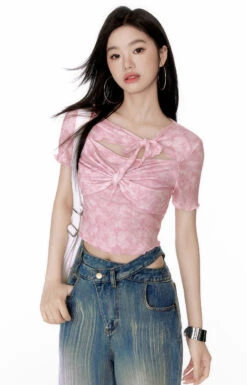 Tie Front Cutout Ribbed Short Sleeve Crop Top