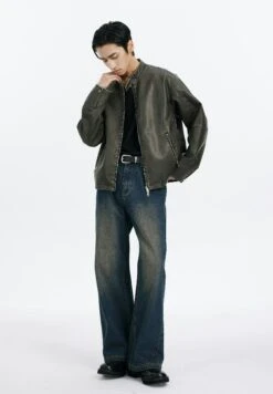 Faux Leather Mid-Crop Racer Jacket With Zipped Pockets -Modern Wear Shop cb62d2b1e853f7ad1f2a659d034349c3