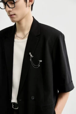 Single Breasted Short Sleeve Blazer With Chain Brooch Detail -Modern Wear Shop cb8067dfcff02b0f8bb6fe34e35cb327