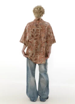 Checkered Leaf Print Oversized Short Sleeve Button Shirt -Modern Wear Shop cb89d3e4121dd0b184476b229f8c8629