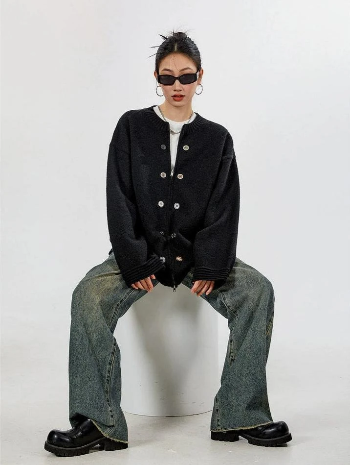 Ribbed Trim Zip-up Cardigan With Button Details 15 Ribbed Trim Zip-up Cardigan With Button Details - Image 15