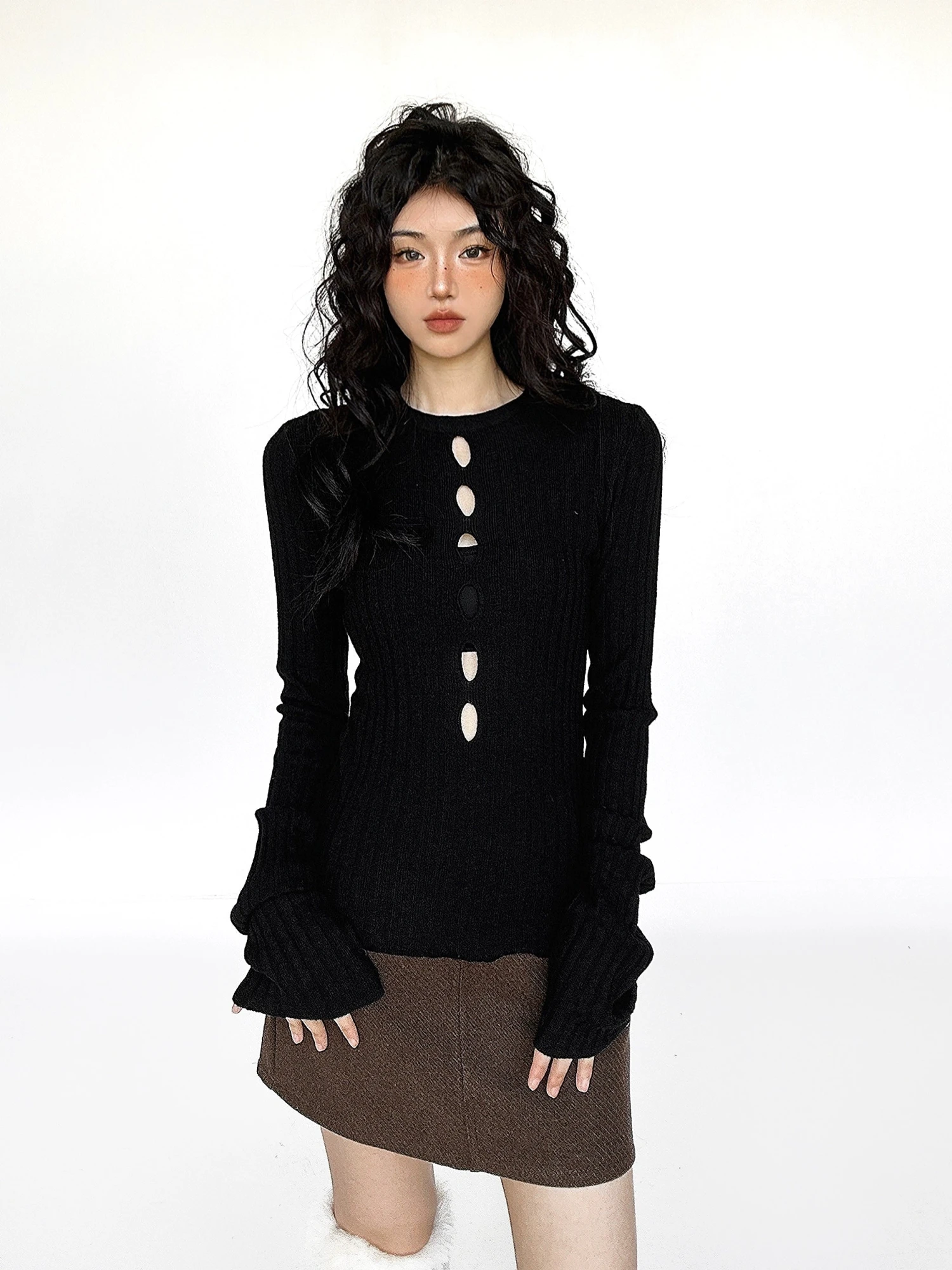 Flare Long Sleeve Ribbed Knit Top With Cutouts 3 Flare Long Sleeve Ribbed Knit Top With Cutouts - Image 3