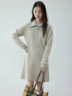Contrast Collar Half Zip Knit Sweater Mini Dress -Modern Wear Shop ccd33535af557bdc4f642510167d3351