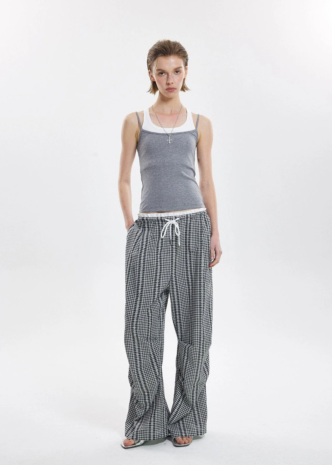 Wide Leg Gingham Drawstring Pants With Eyelet Detail 3 Wide Leg Gingham Drawstring Pants With Eyelet Detail - Image 3
