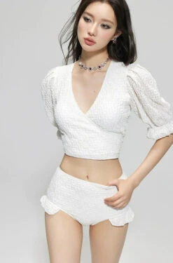 Textured Puff Sleeve Crop Top Bikini With Skirted Bottoms -Modern Wear Shop cd2ff68a74e360a38c29f998f9e05825