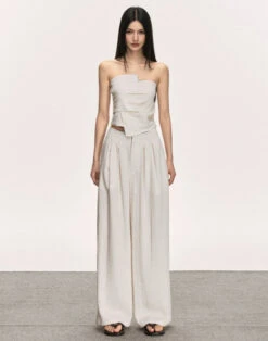 Strapless Asymmetric Top And Wide Leg Pleated Pant Two-Piece Set