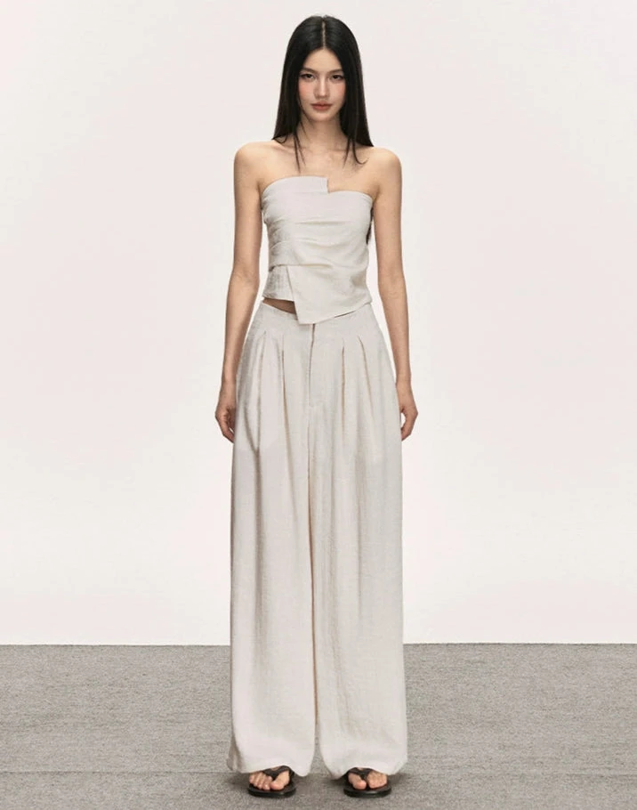Strapless Asymmetric Top And Wide Leg Pleated Pant Two-Piece Set 1 Strapless Asymmetric Top And Wide Leg Pleated Pant Two-Piece Set
