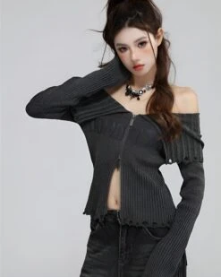 Off-Shoulder Ribbed Knit Print ZIp Sweater 7 Off-Shoulder Ribbed Knit Print ZIp Sweater -Modern Wear Shop cd851527d7dc1deff91081ef3abc2344