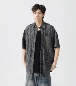Slim Distressed Textured Button-Down Short Sleeve Shirt -Modern Wear Shop cdd42289f44dae717460636ad2579f88